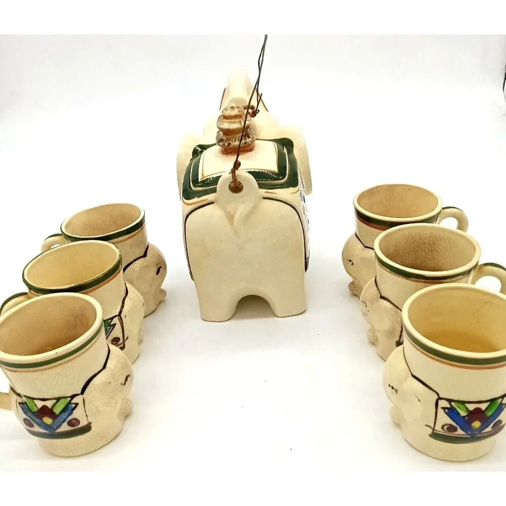 Vintage Japan Porcelain Elephant Hand Painted Pagota Teapot with 6 Matching Cups